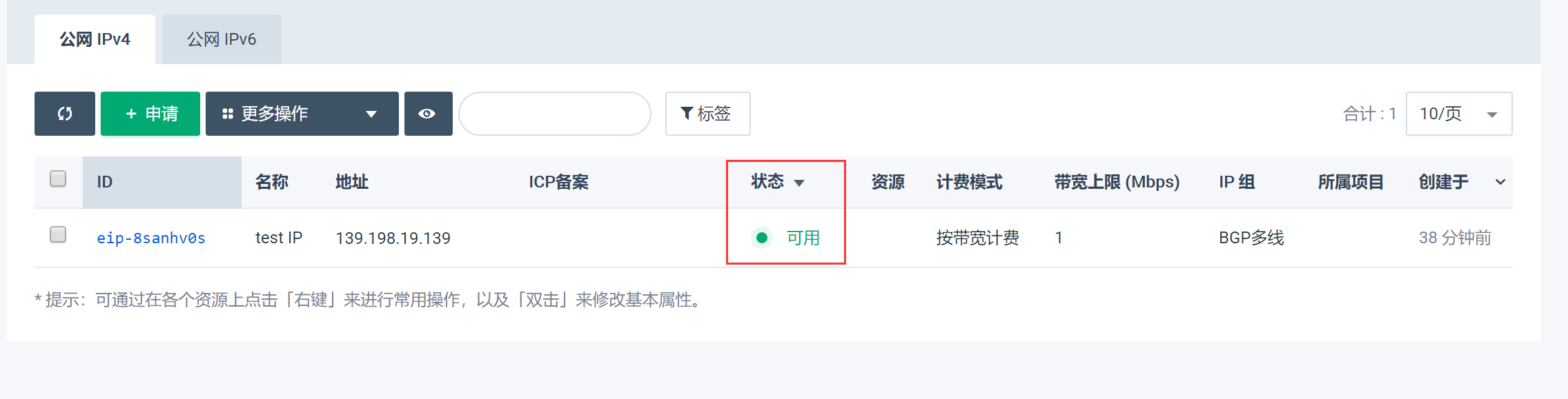 公网IP状态